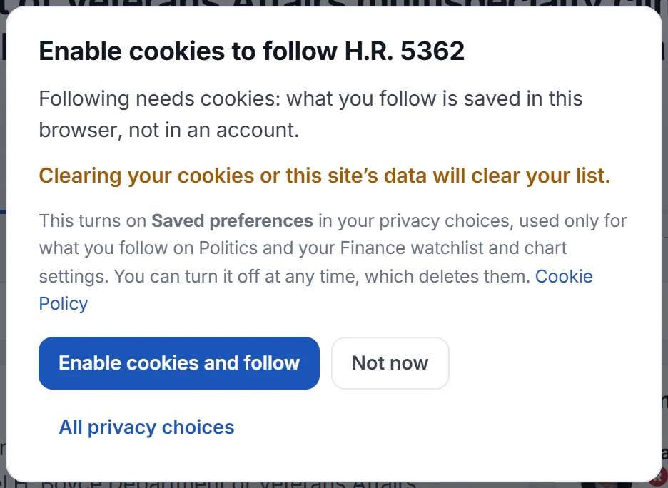 A box titled Enable cookies to follow with a bill's number, explaining that following needs cookies, that the list is saved in this browser and not in an account, and buttons to enable cookies and follow, to decline, or to open all privacy choices